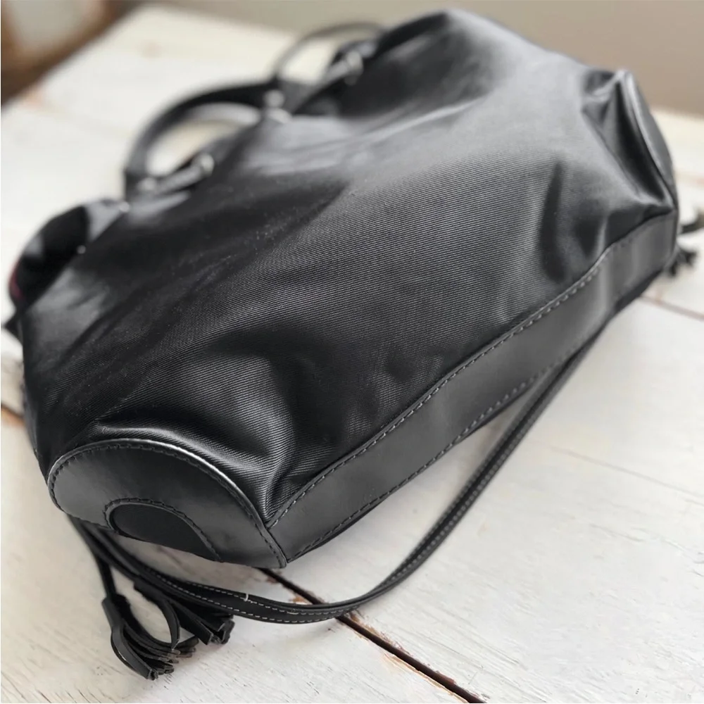 LANCEL "Miss Lancel" Black Leather /Nylon Handbag Hobo Purse Bucket Bag Paris - Picture 10 of 16